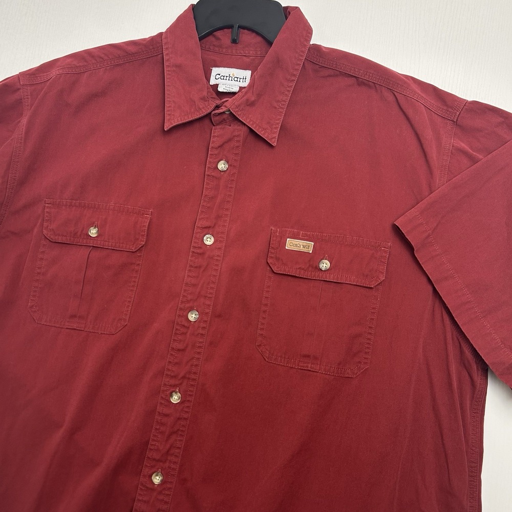 Y2K Vintage Red Carhartt Men's Short Sleeve Button-Up Shirt 2XL Cotton Workwear